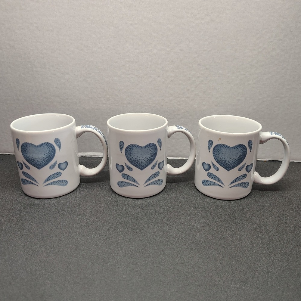 Jay Coffee Mugs White Blue Heart Spongeware Country Set of 3 Vintage
